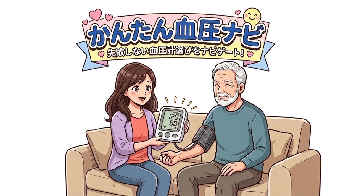 かんたん血圧ナビ｜失敗しない血圧計選びをナビゲート！子世代が高齢の親の血圧測定をサポートするイラスト